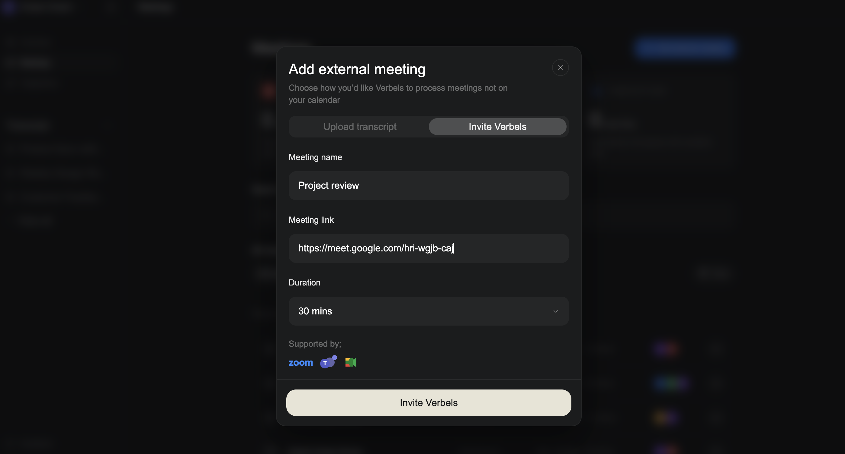 The Add external meeting window with Invite Verbels selected and the meeting name, meeting link, and duration fields visible.