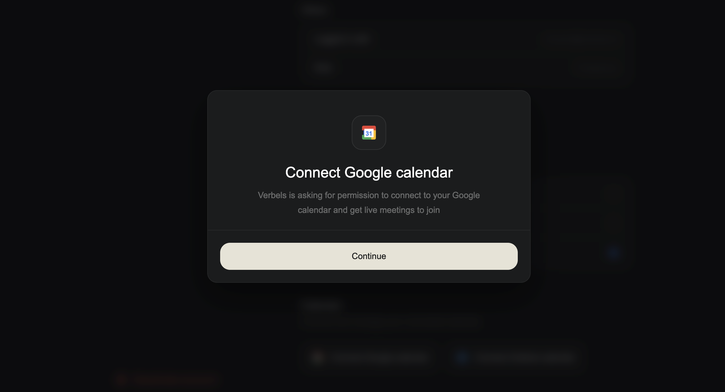 The Connect Google Calendar window showing the permission message and Continue button.