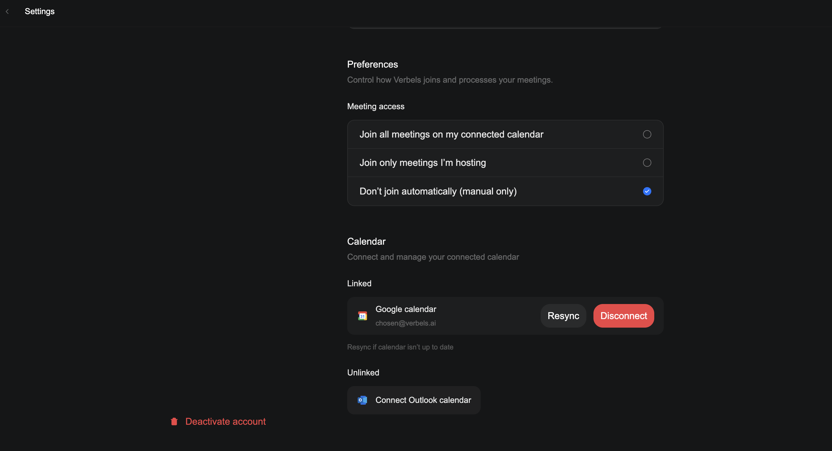 The Calendar section showing a linked Google Calendar account with its email address, Resync button, and Disconnect button. Show Outlook Calendar under Unlinked.