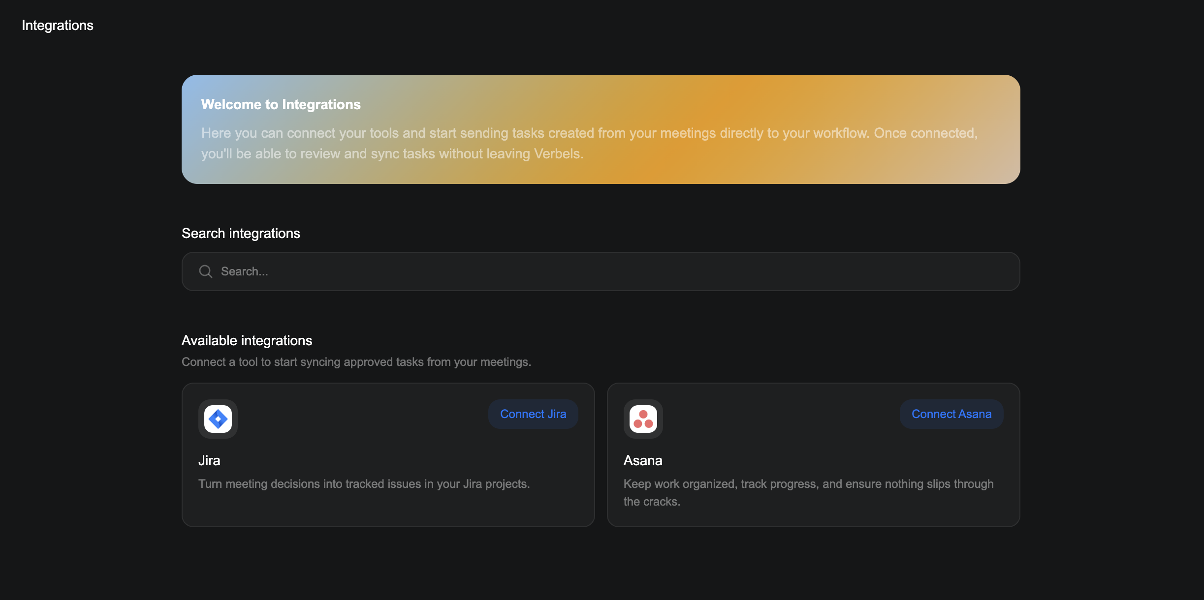 Verbels Integrations page showing Jira and Asana as available integrations with Connect buttons.