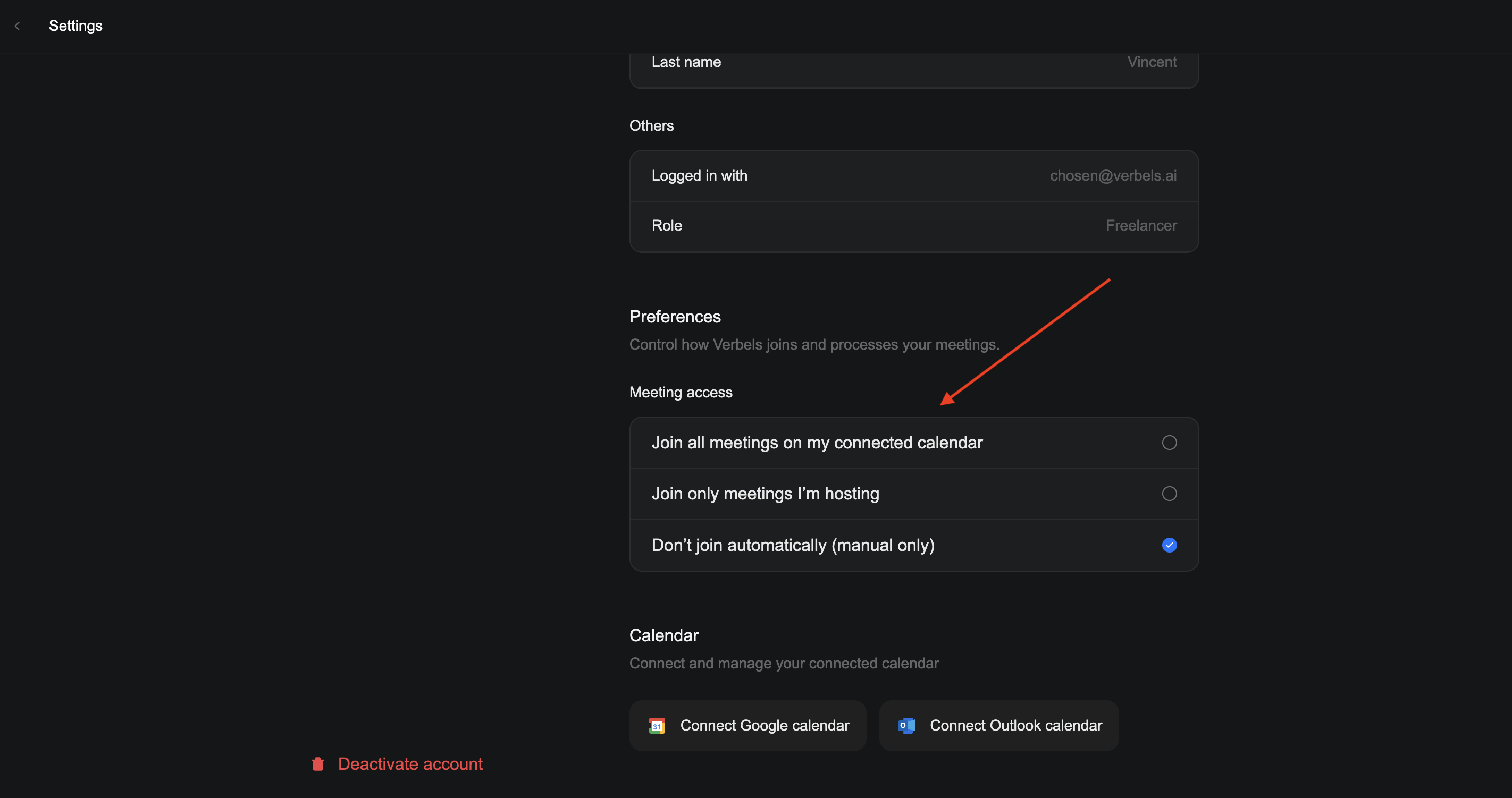 The Meeting access section in Account settings showing all three options and the selected option.