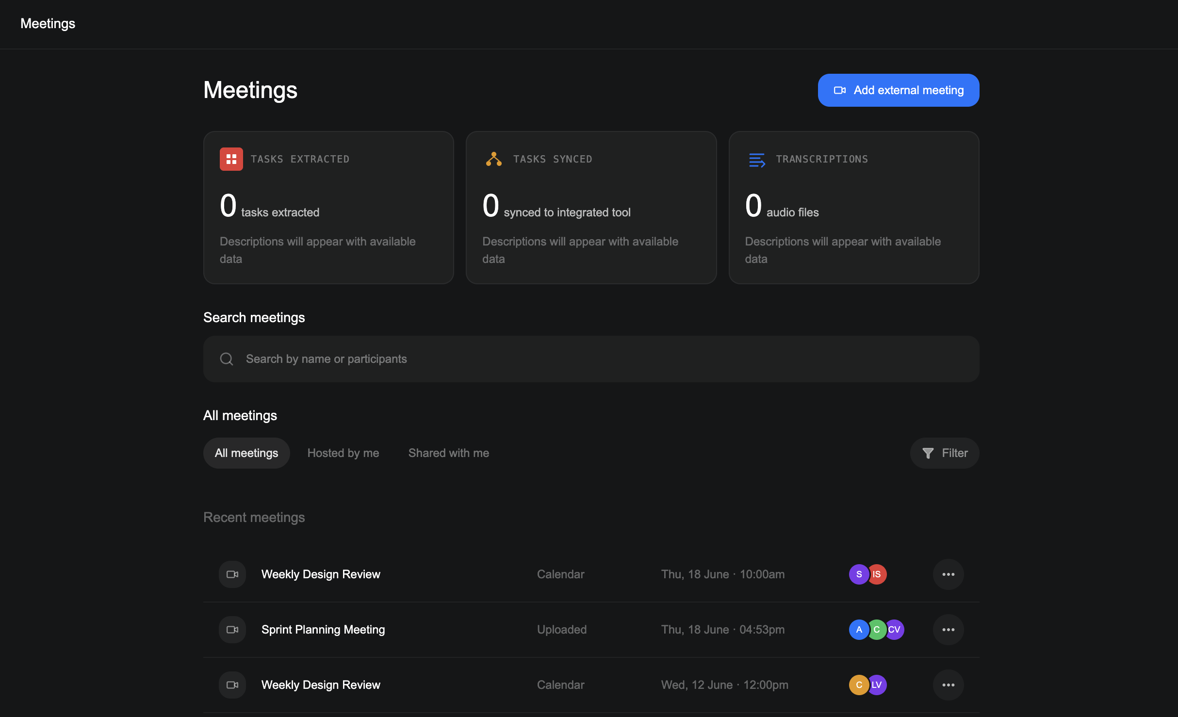 Verbels Meetings page showing meeting statistics, search, filters, recent meetings, participants, and the Add external meeting button.