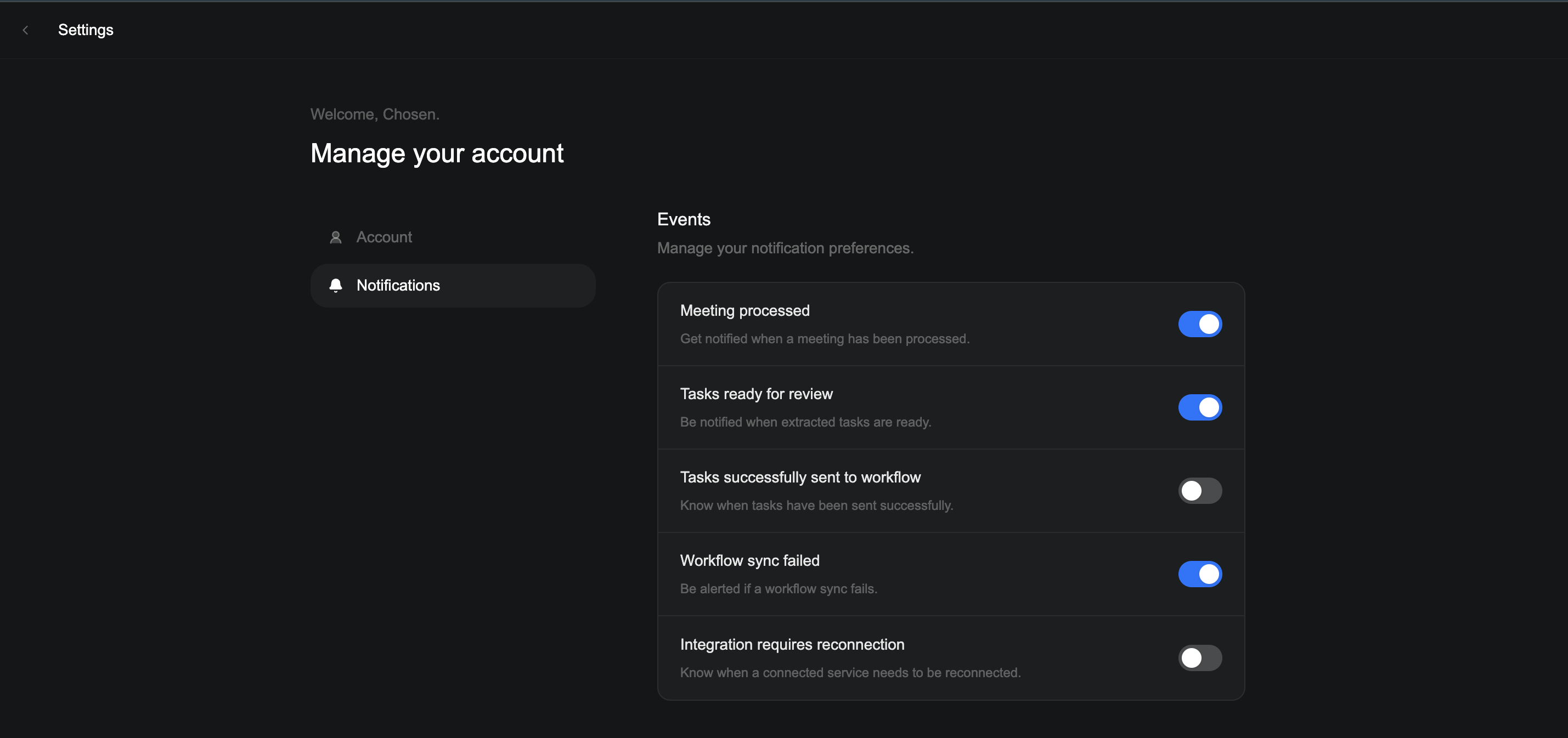 Verbels notifications settings showing event toggles and delivery options.