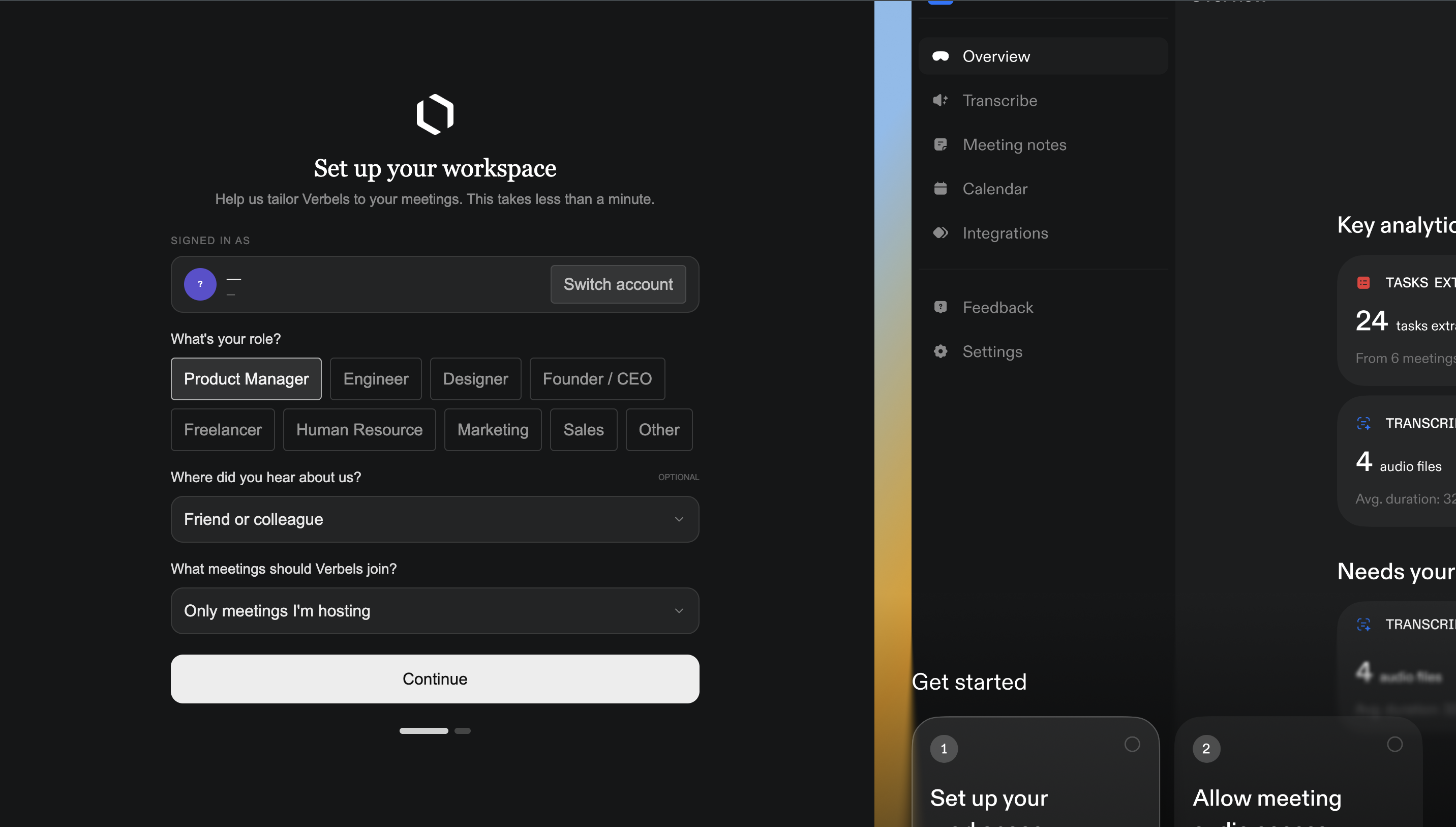 The Verbels workspace setup screen showing the role choices and meeting access dropdown.