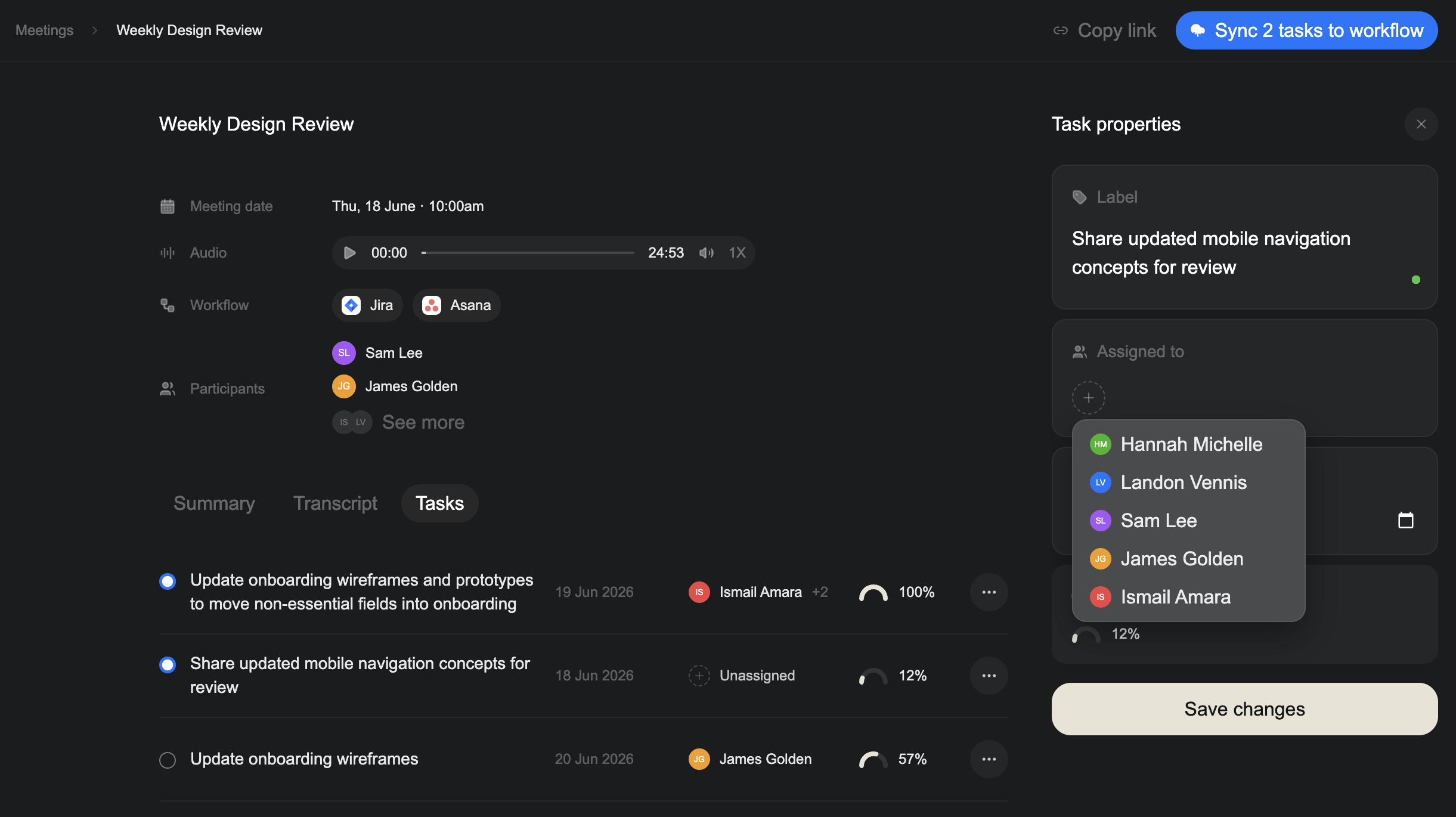 Task properties panel showing the task name, multiple assignees, calendar picker, and confidence score.