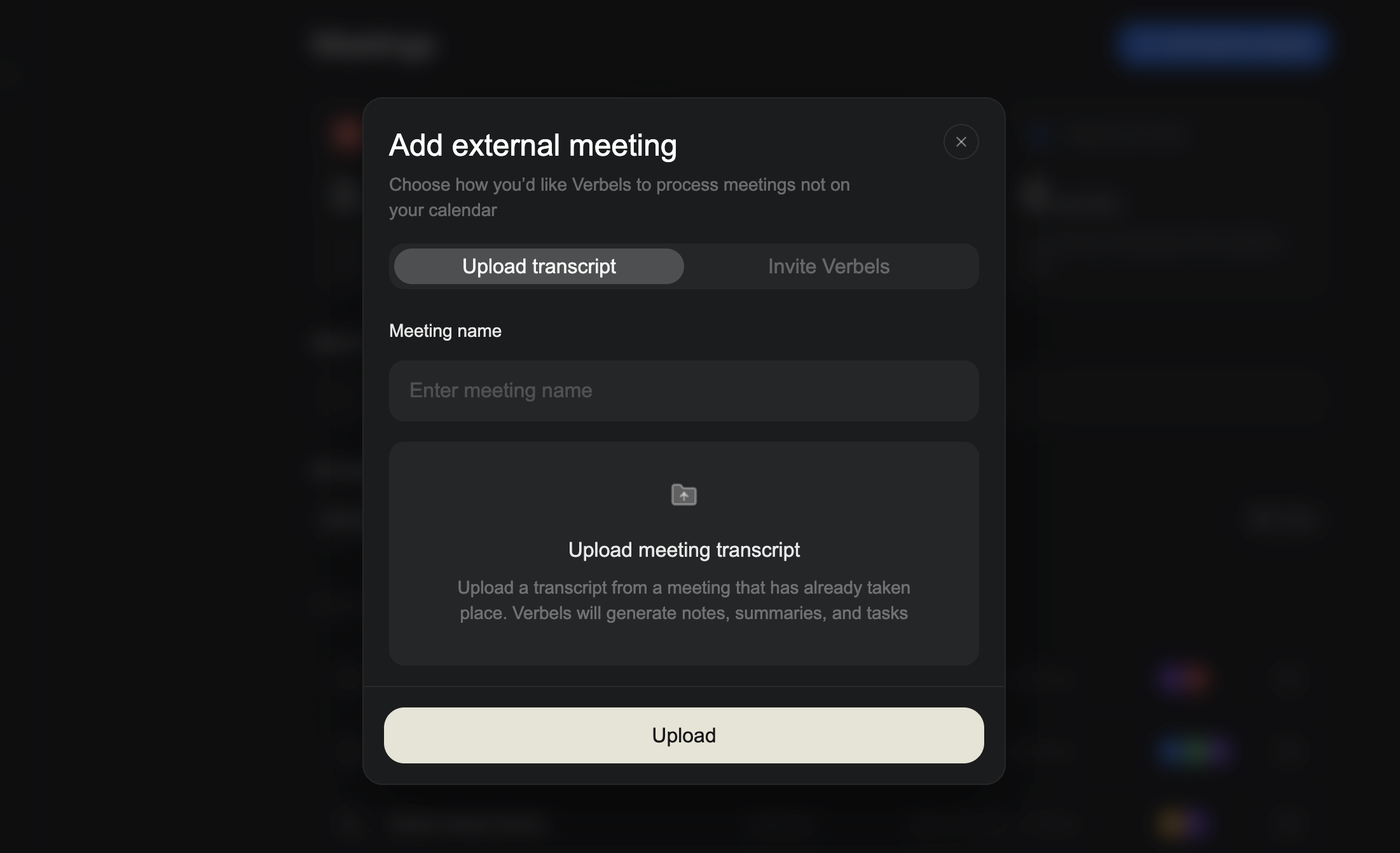 The Add external meeting window with Upload transcript selected, an empty meeting name field, and the transcript upload area.