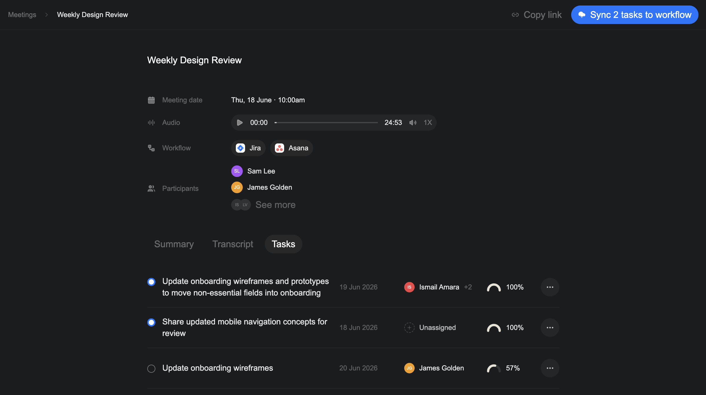 Verbels meeting Tasks tab showing extracted tasks with assignees, due dates, and confidence scores.