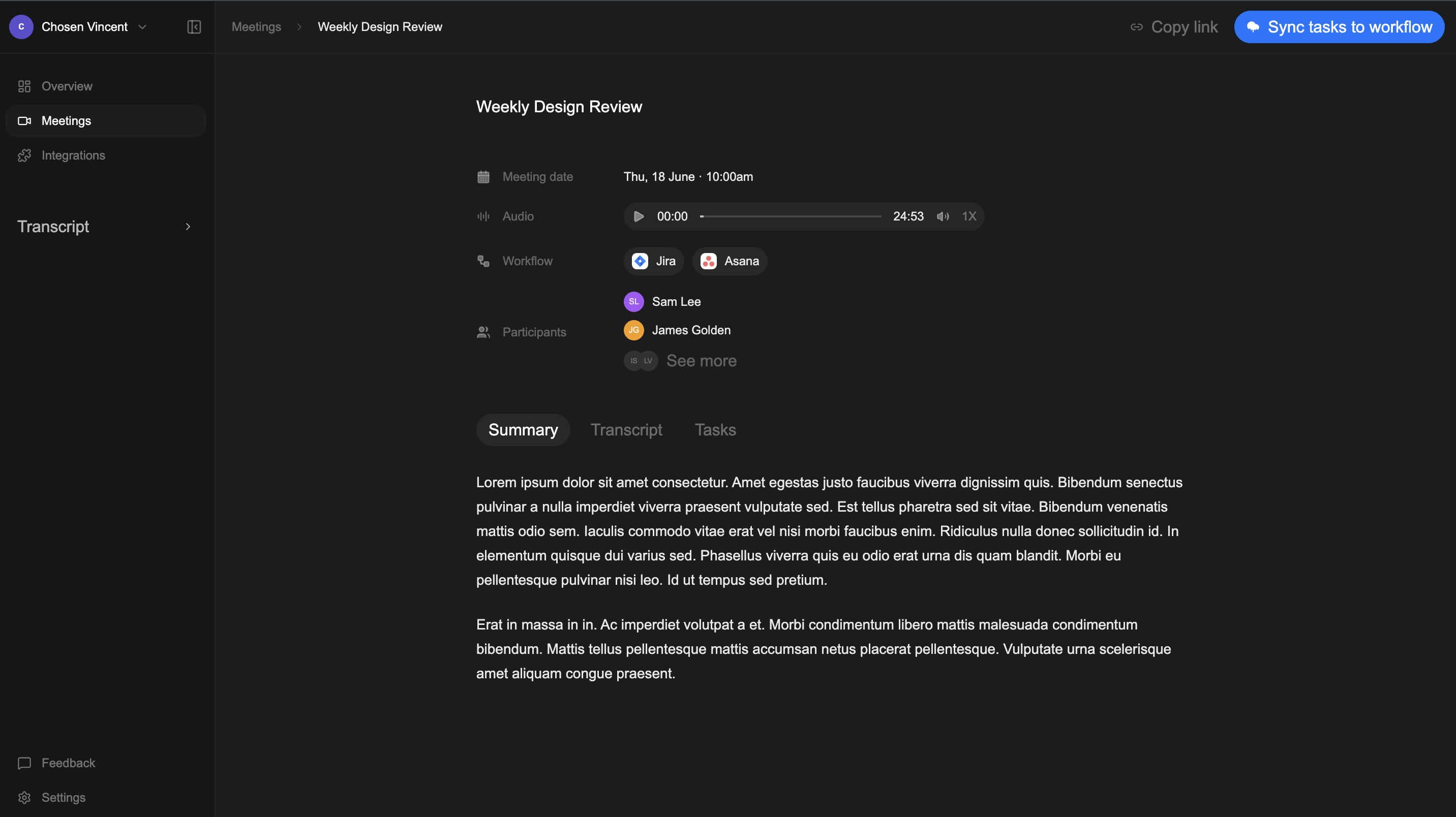 The full meeting page with the meeting name, details, audio player, participants, and Summary tab visible.
